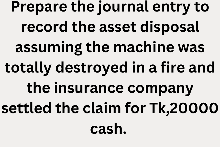 Prepare the journal entry to record the asset disposal assuming the machine was totally destroyed in a fire and the insurance company settled the claim for Tk,20000 cash.